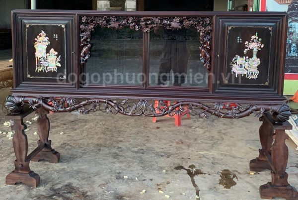 tủ chè cánh phẳng cảnh đông bích gỗ gụ