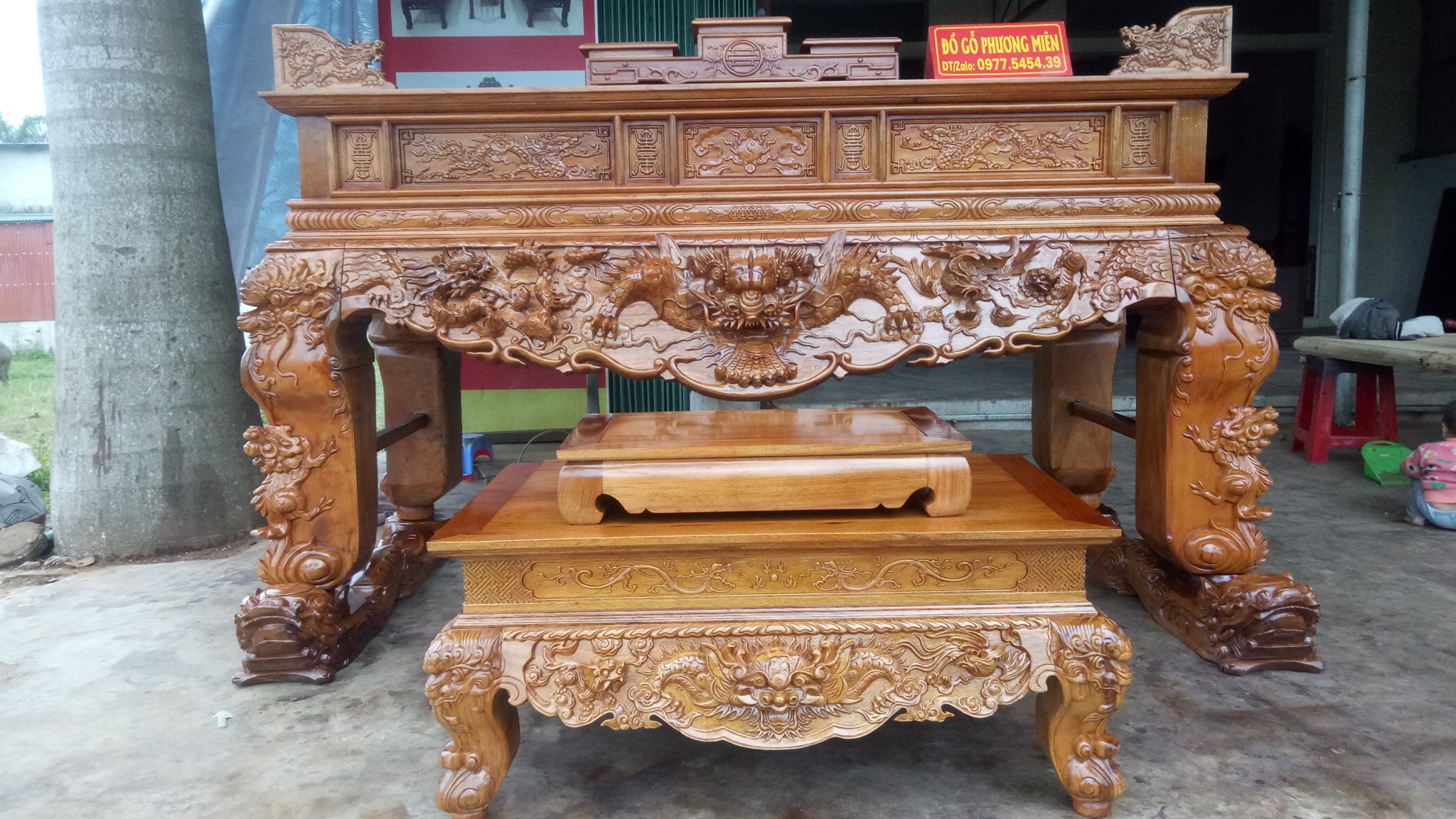 bộ sập thờ tứ linh gỗ gụ chân 24