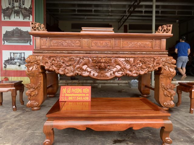 sập thờ tứ linh gỗ gụ vai liền khối dày 10cm