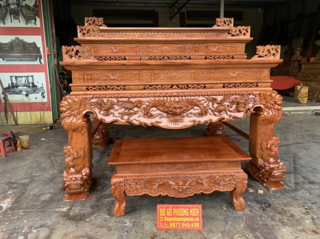 Mẫu sập thờ tứ linh tam cấp gỗ gõ đỏ đẹp