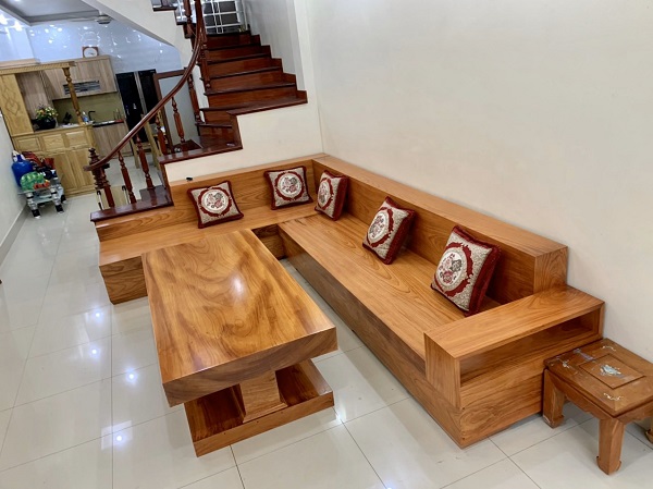 sofa góc gỗ gõ đỏ nguyên khối.