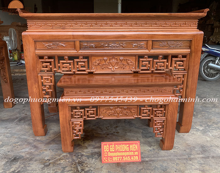 mẫu bàn thờ án gian triện sen gỗ hương đá