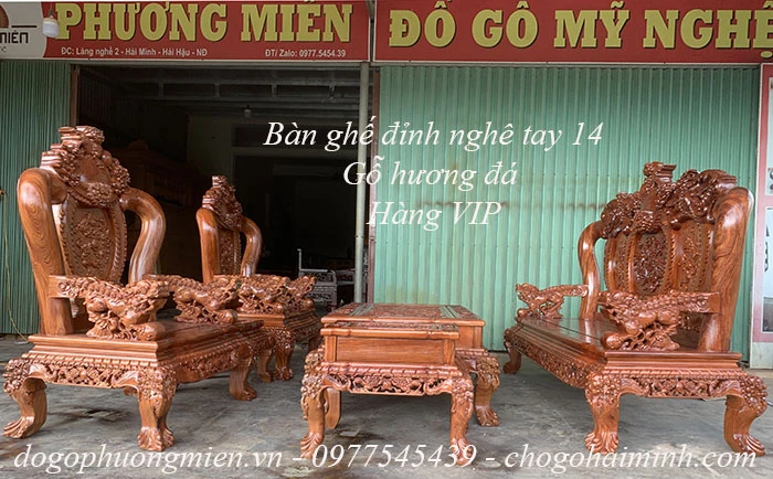 bàn ghế đỉnh nghê tay 14 gỗ hương đá