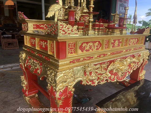 Sập thờ tứ linh nhị cấp gỗ mít sơn son thiếp vàng Đài Loan
