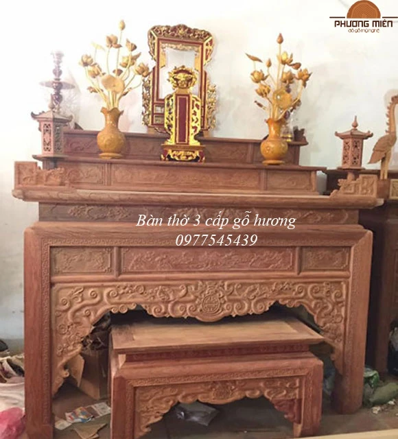 Bàn thờ 3 tầng cấp gỗ hương đá đẹp